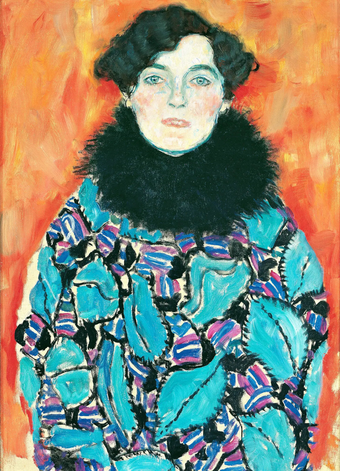 Gustav Klimt woman portrait blue dress red background