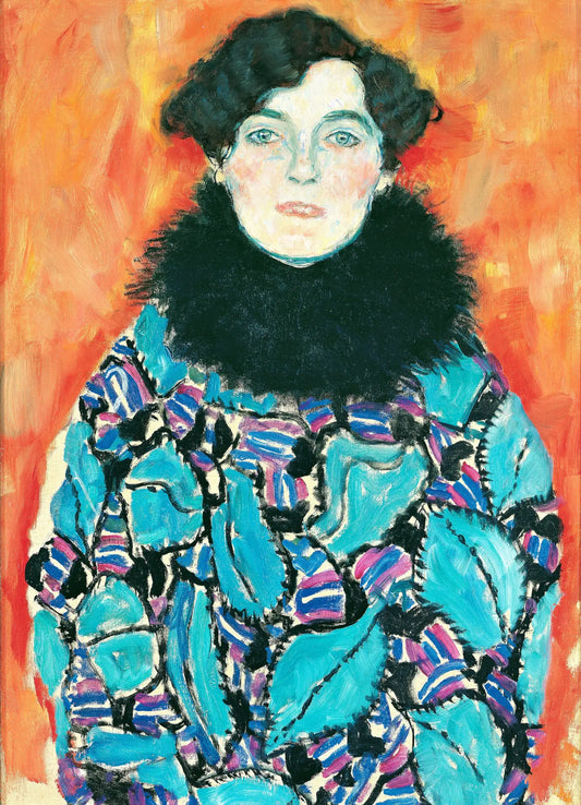 Gustav Klimt woman portrait blue dress red background