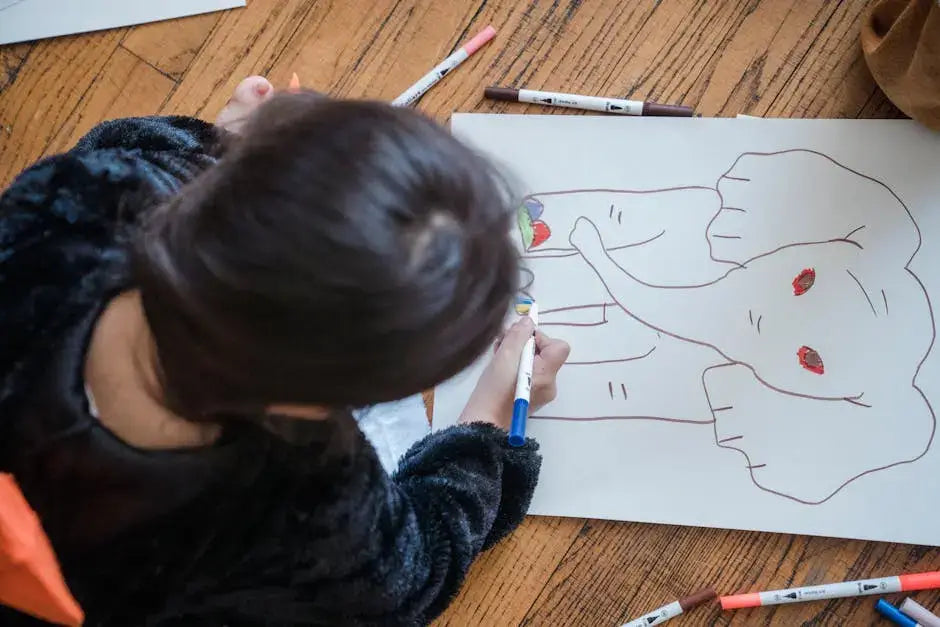 Child creatively coloring an elephant drawing on paper with colorful markers.