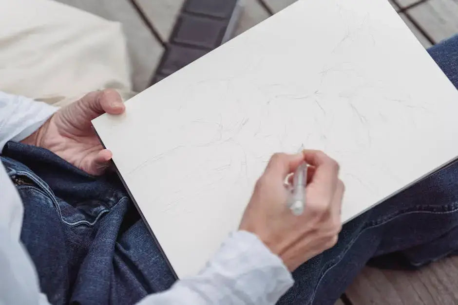 A person sketching with a pencil on a sketchbook outdoors, showcasing creativity.