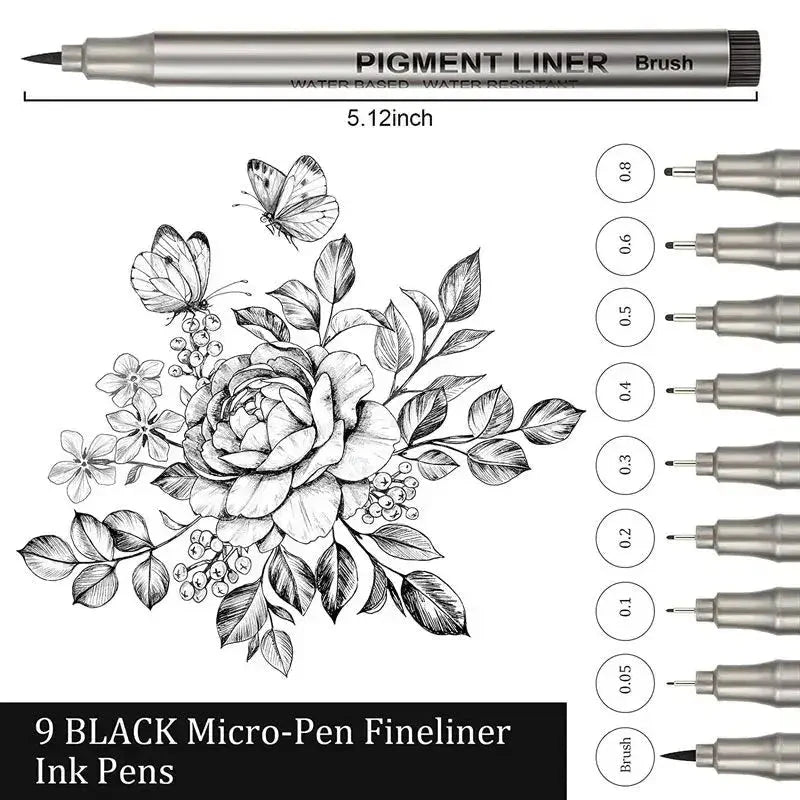 9Pcs/Set Profession Pigment Liner Micron Ink Art Marker -