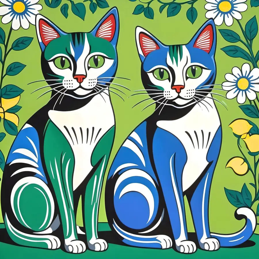 Cat pop art | Cats Green and Blue | Green Background