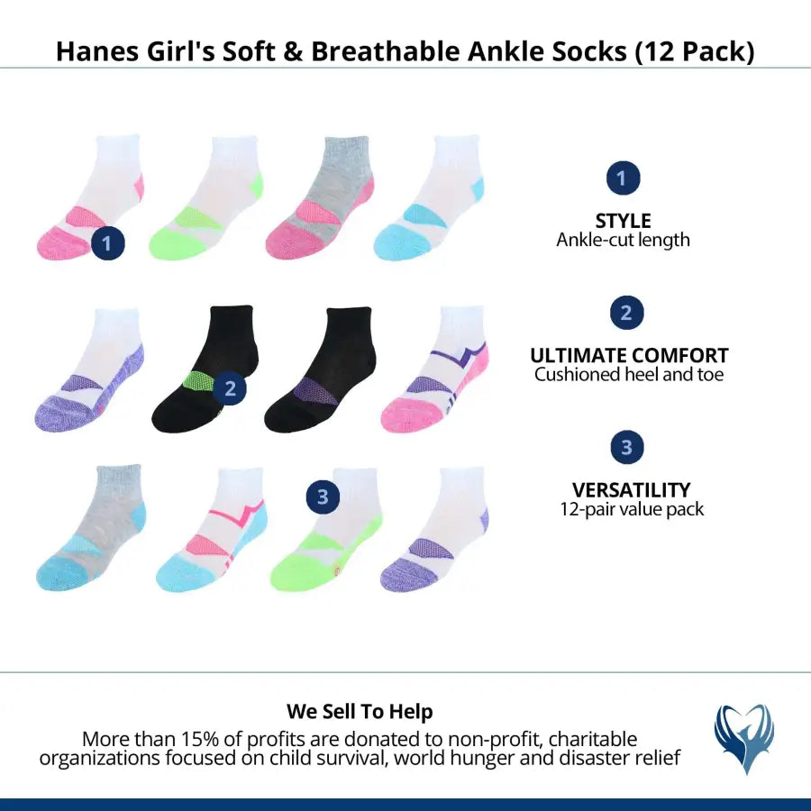 Hanes Girls’ Cool Comfort Ankle 12-Pair Pack Fashion